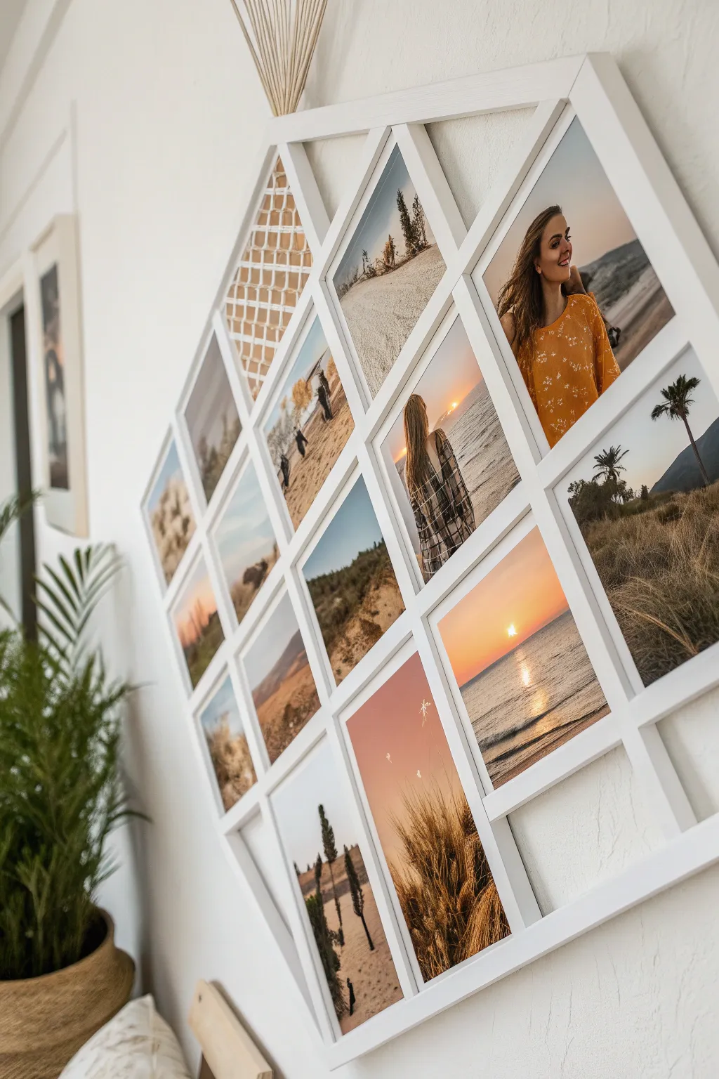 Elevate your space with a geometric photo grid—a perfect blend of minimalism and boho charm.