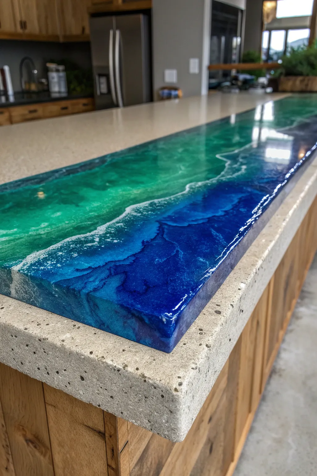 Add a touch of brilliance to your space with vivid epoxy highlights on concrete countertops.