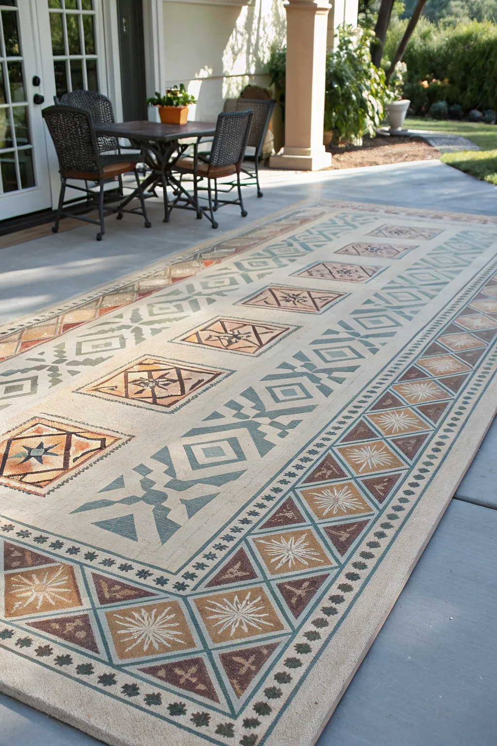 Elevate your outdoor space with the timeless charm of a painted faux rug.