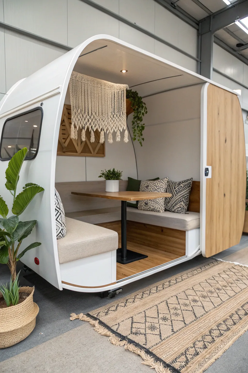 Transform your workspace with a chic mobile meeting pod that marries Scandinavian simplicity with boho charm.