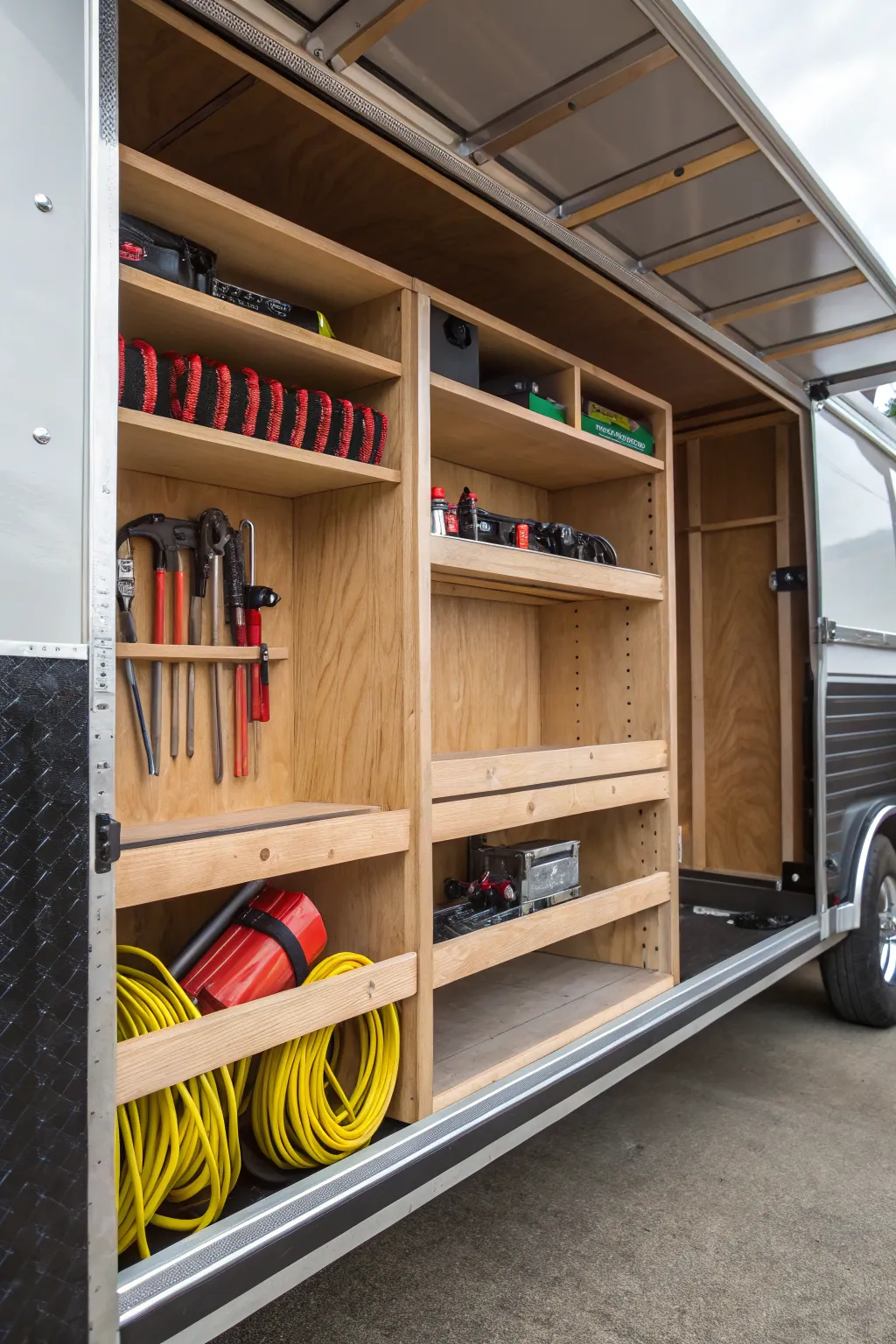 Craftsmanship meets functionality: Secure your tools with style using bungee cords in a custom-made trailer shelving system.