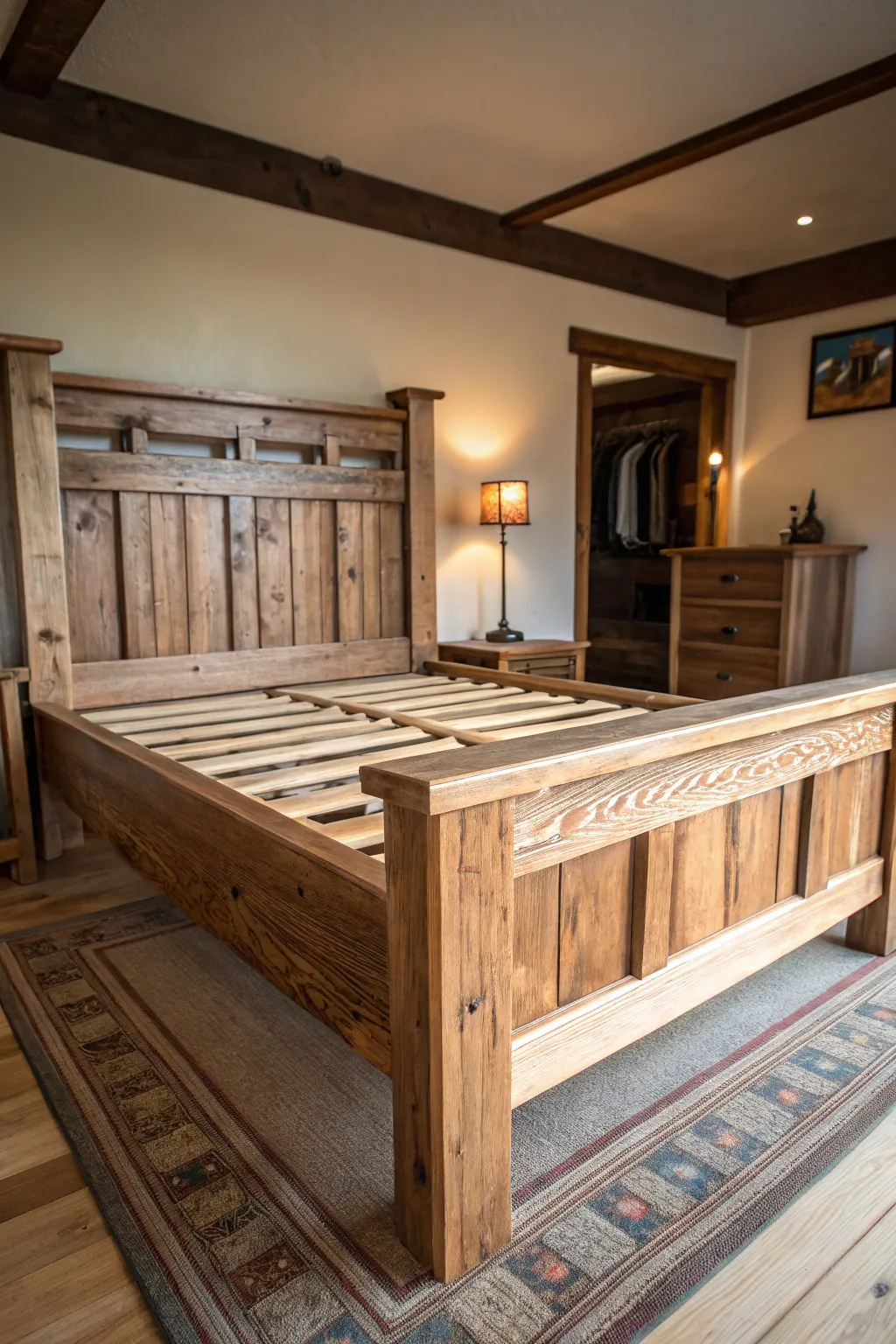 Transform your bedroom with a rustic DIY bed frame crafted from 2x4s.