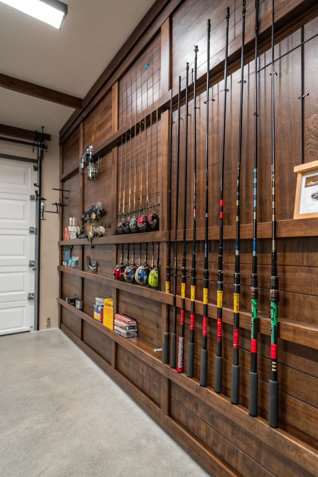 Transform your garage with a crafted slatwall: where fishing gear meets functional art.
