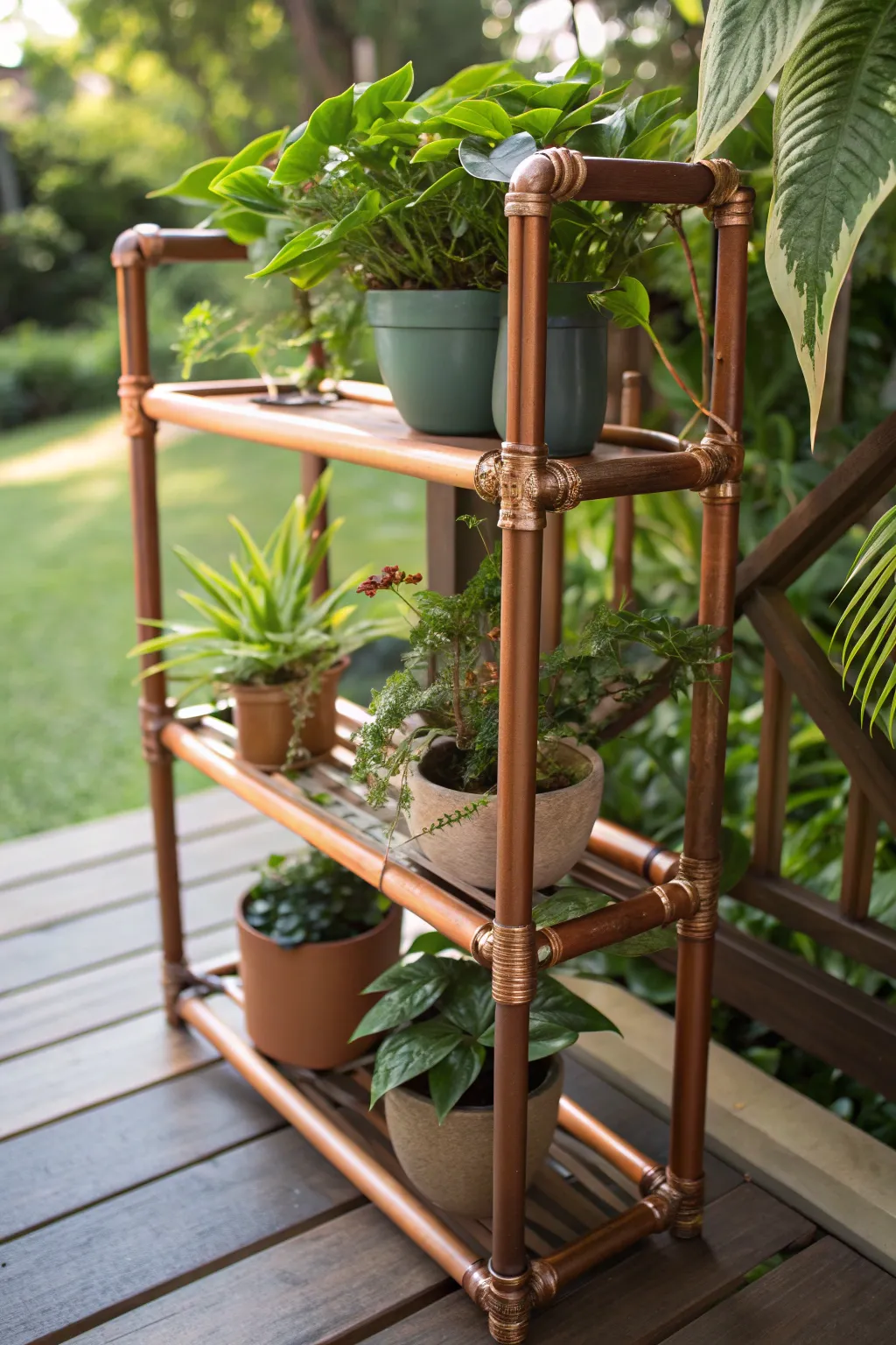Elevate your garden with the timeless elegance of handcrafted copper pipe plant stands.