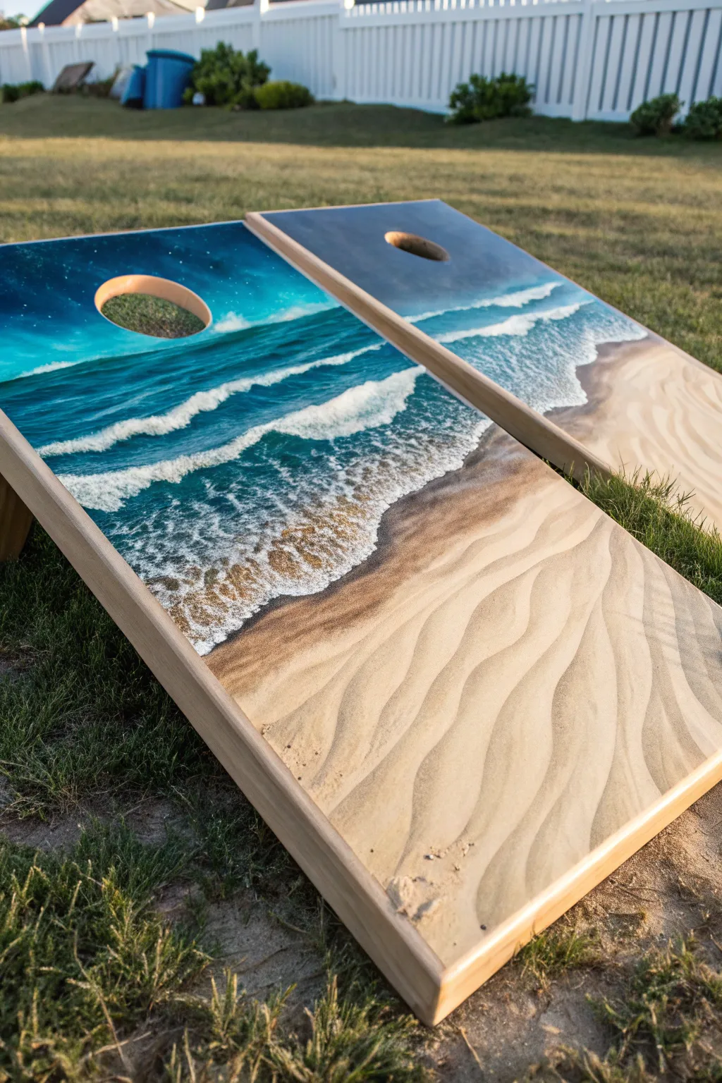 Ride the wave of relaxation with this stunning beach-themed cornhole board, perfect for your next summer gathering.