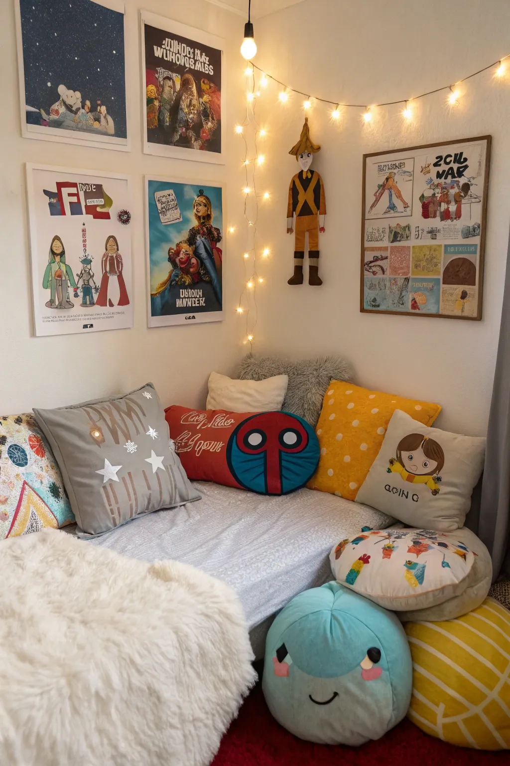 A character-themed corner serves as a focal point and personal homage.