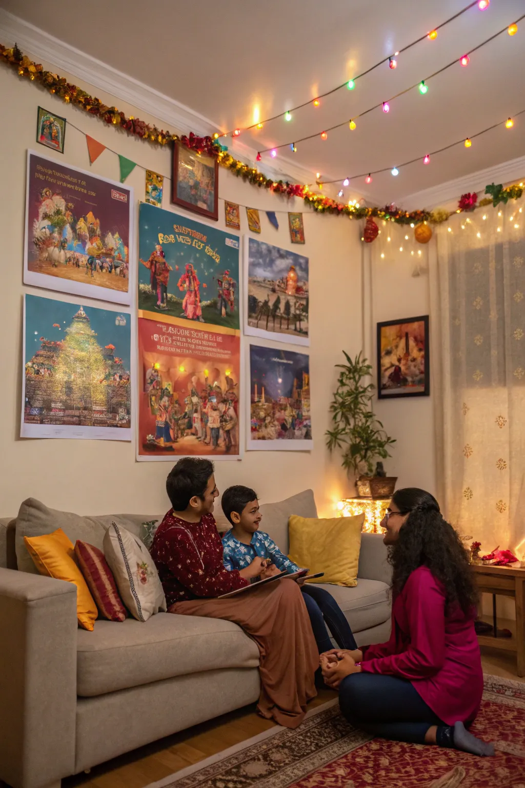 Lively festival scenes adding energy to a living room.