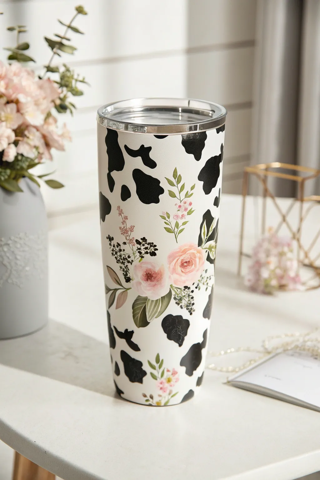 Sip in style with a floral cow print tumbler – where rustic charm meets modern elegance!