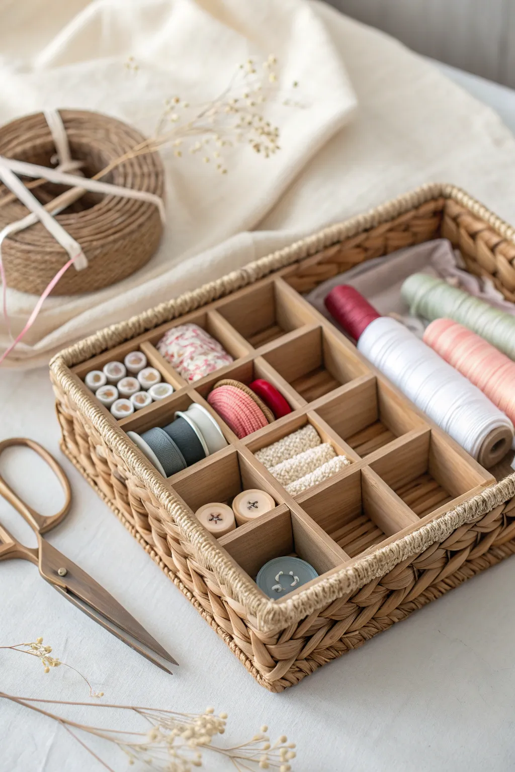Elevate your crafting space with a stylishly organized basket—where simplicity meets natural beauty.