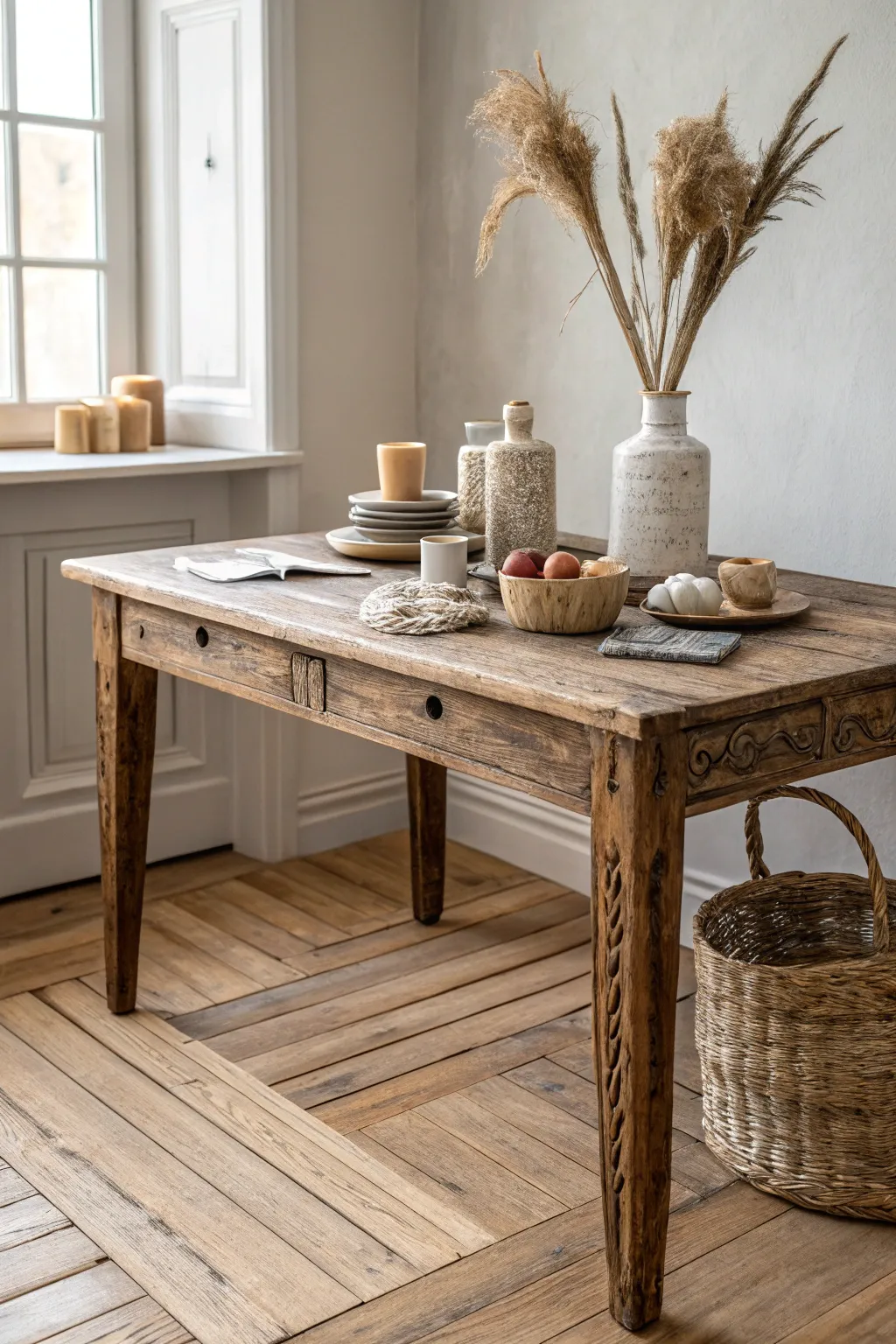Transform your creative space with the charm of a repurposed vintage table, where history meets modern elegance.