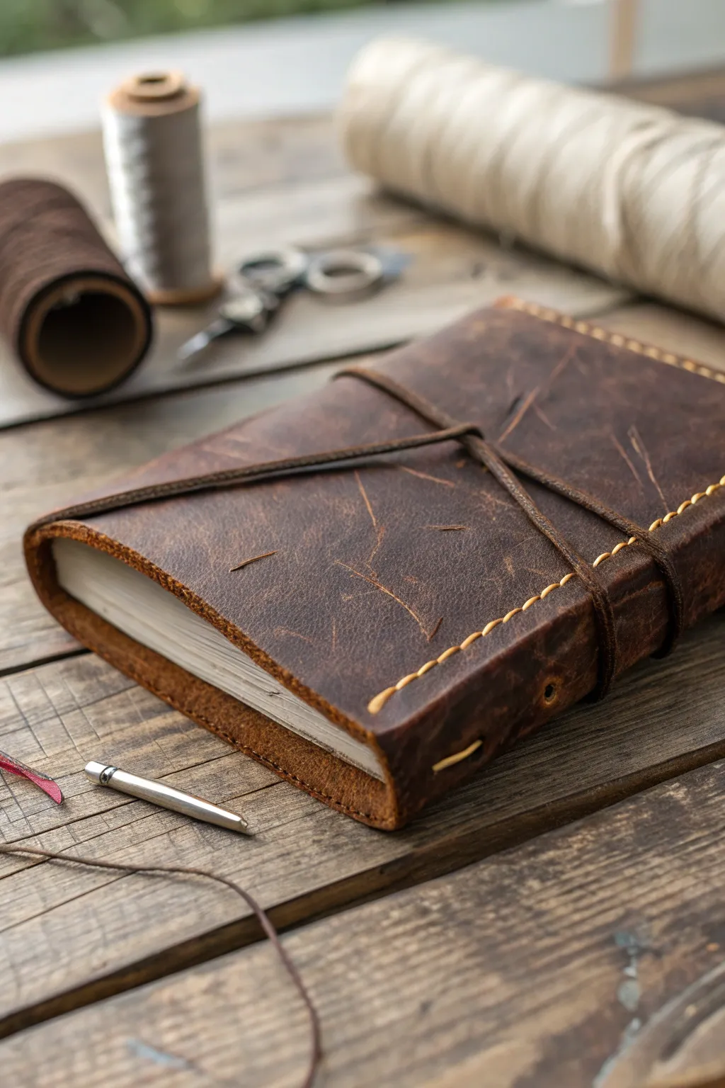 Embrace your adventures with a hand-stitched leather journal.