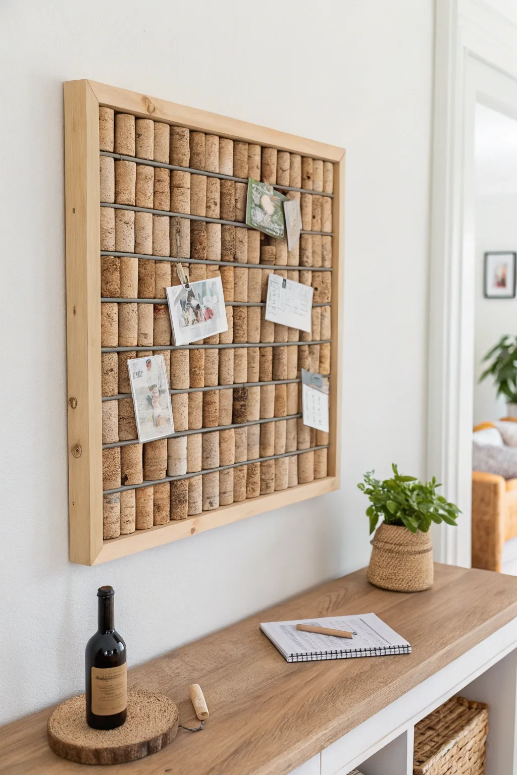 Elevate your space with a touch of rustic elegance: a wine cork bulletin board that tells stories of cherished moments.