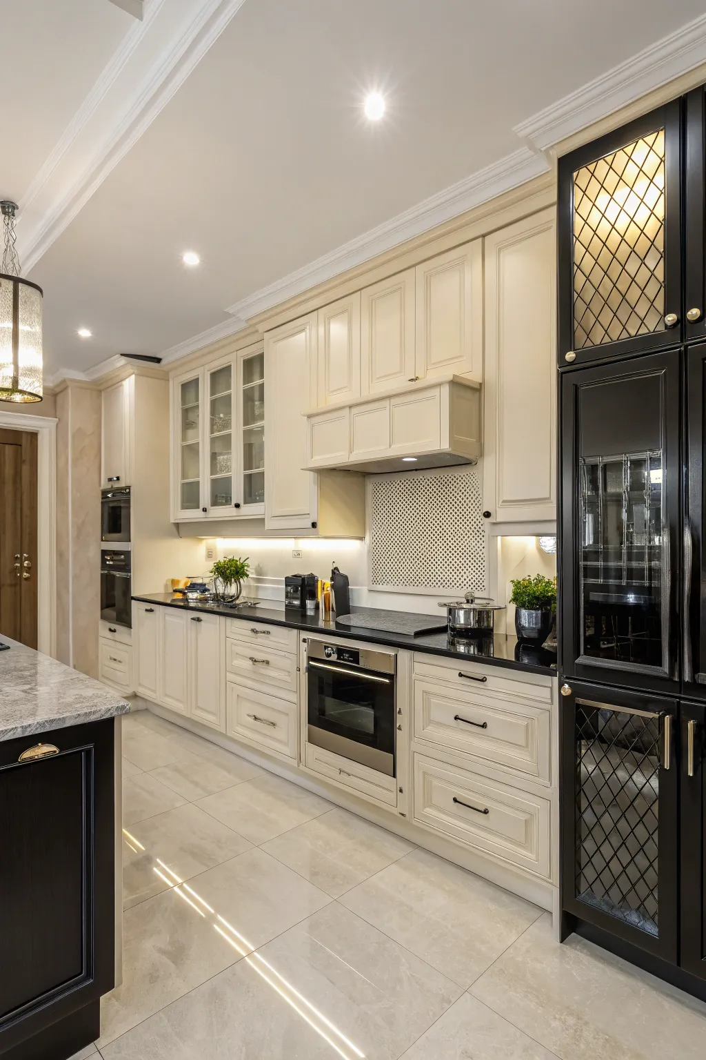 Traditional elements blend seamlessly with modern design in this kitchen.