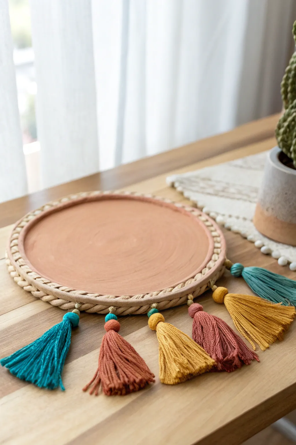 Elevate your dining decor with a boho chic clay trivet, where simplicity meets playful elegance.