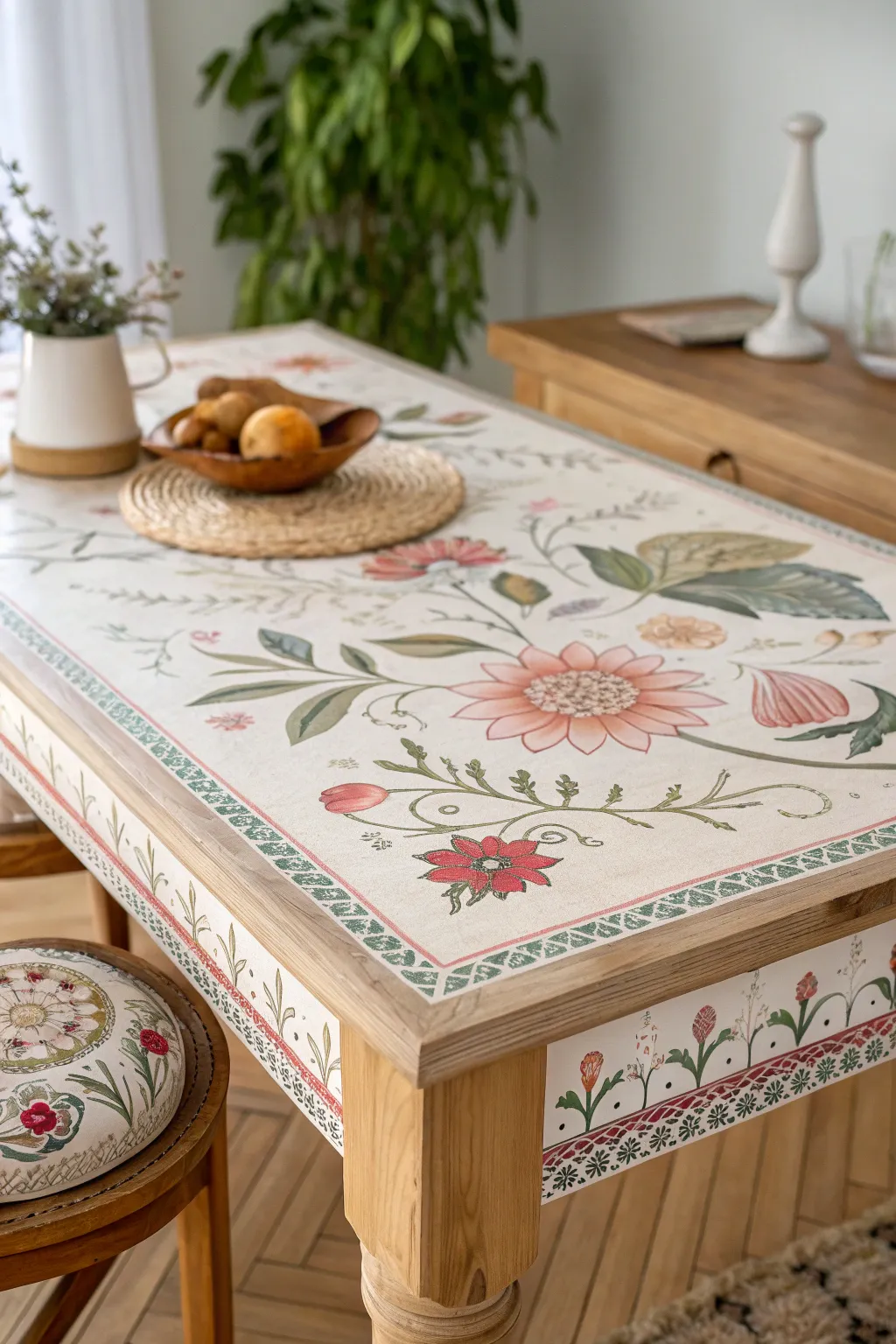 Bring a touch of artistry to your home with this stunning decoupage tabletop design, where simplicity meets bold elegance.