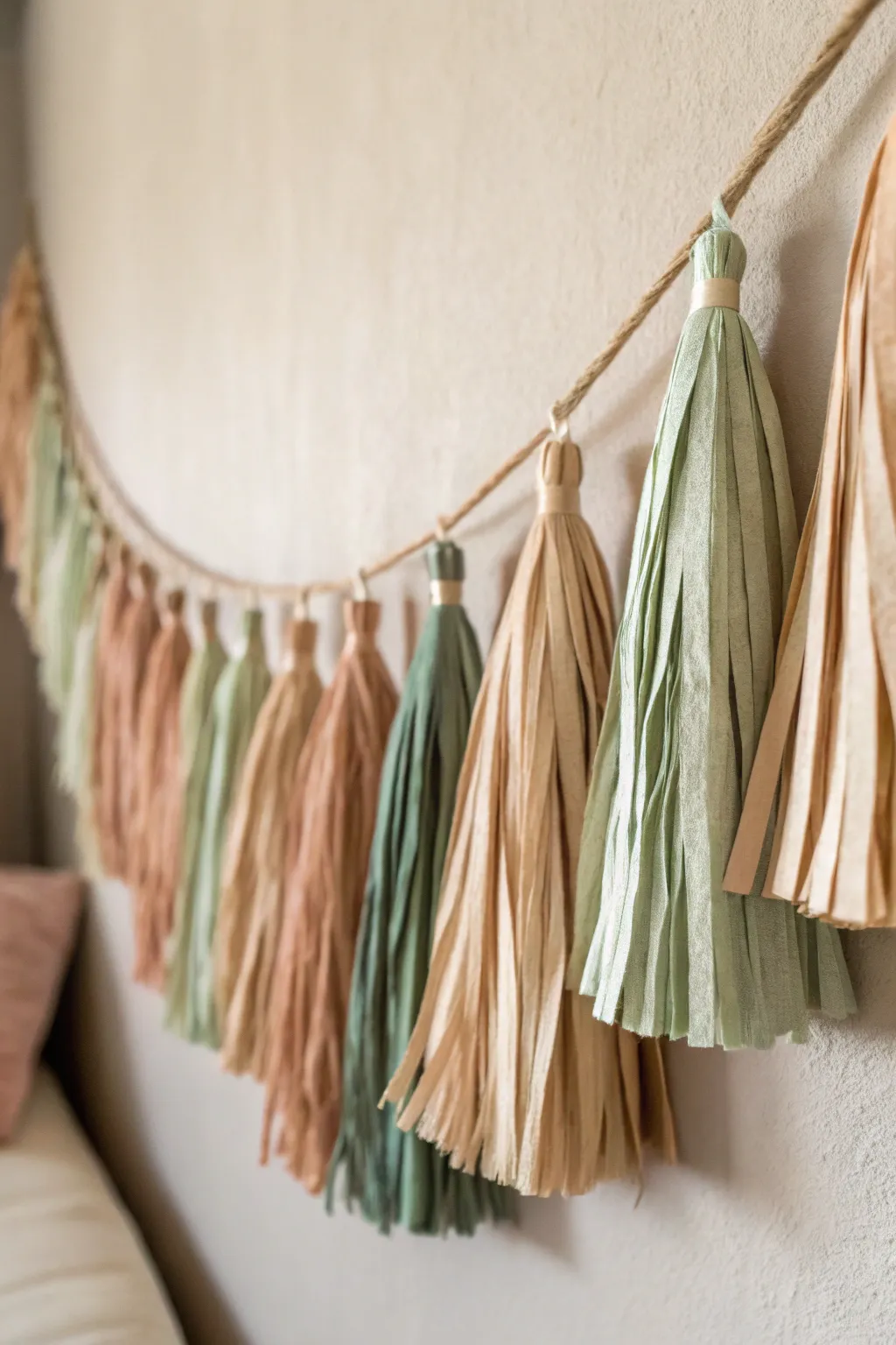 Add a touch of boho elegance to your space with this handcrafted crepe paper tassel garland.