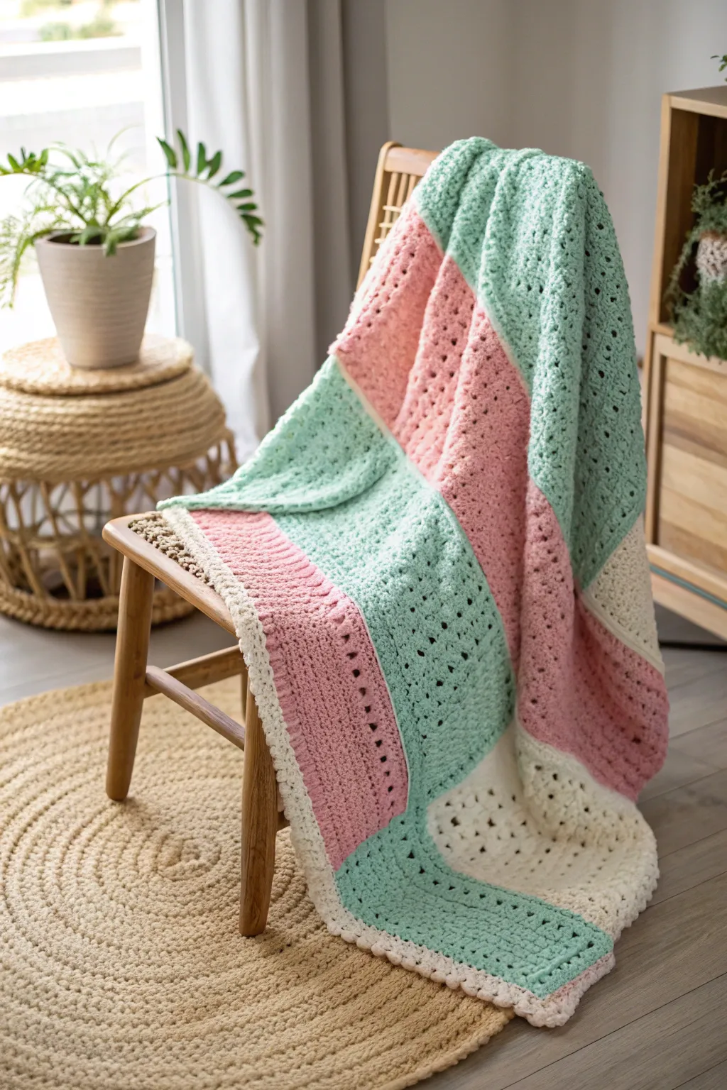 Embrace the art of color blocking with this stunning crochet baby blanket, a perfect blend of modern flair and timeless craftsmanship.
