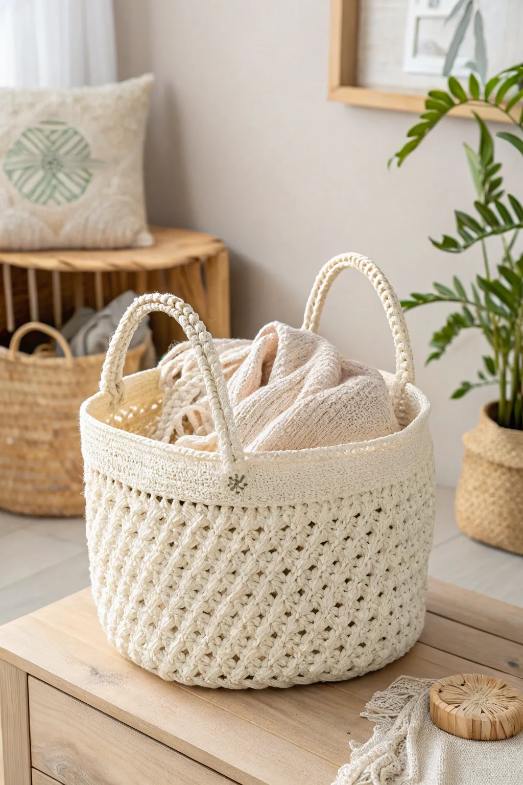 Carry your creativity with style: Discover the elegance of crochet baskets with handles.