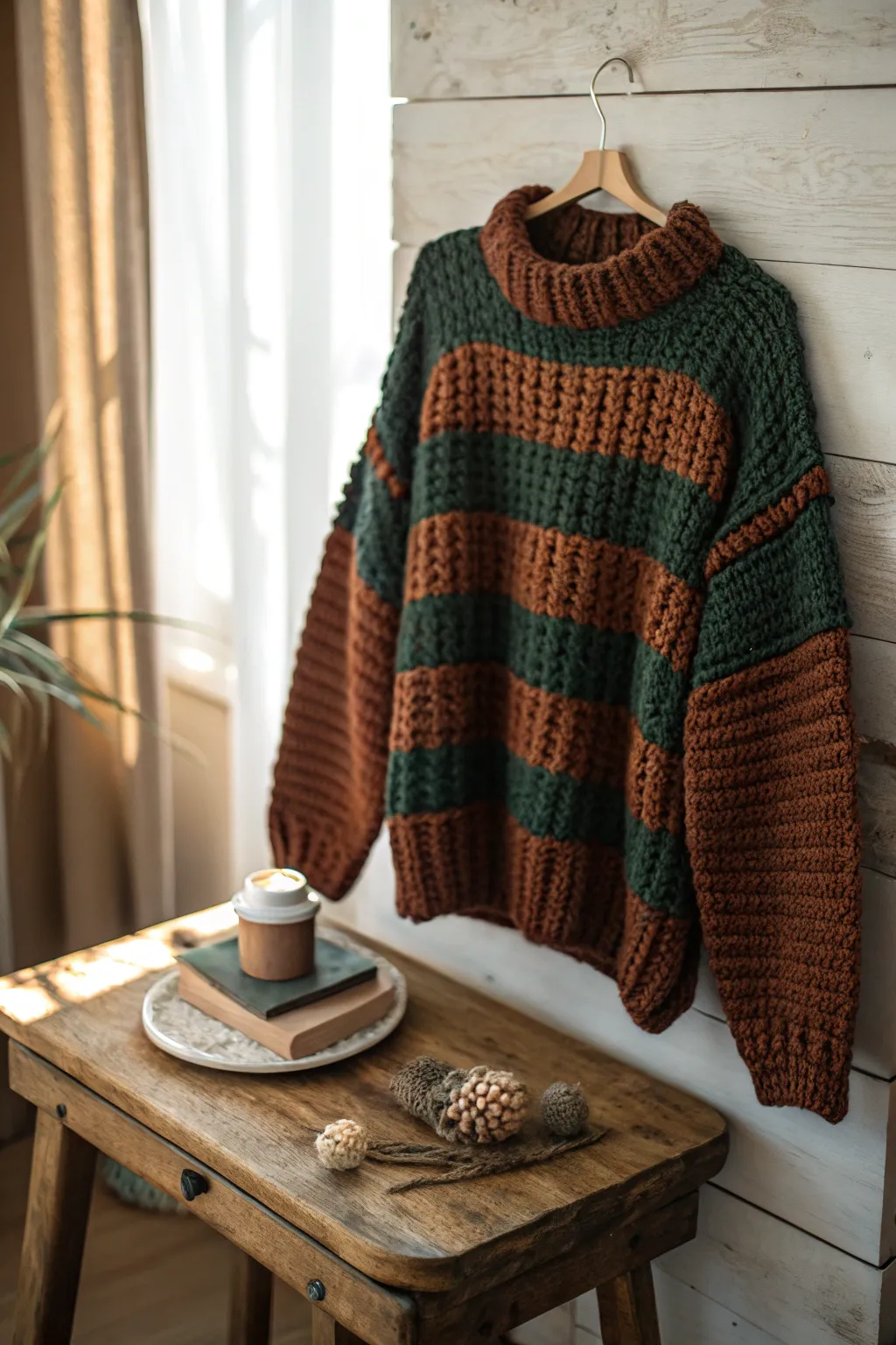 Handmade warmth: A rugged crochet sweater for him, crafted with care.