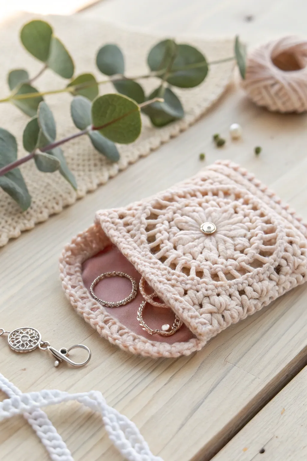 Embrace simplicity and elegance with this handmade crochet jewelry pouch, the perfect gift to organize and cherish treasured accessories.