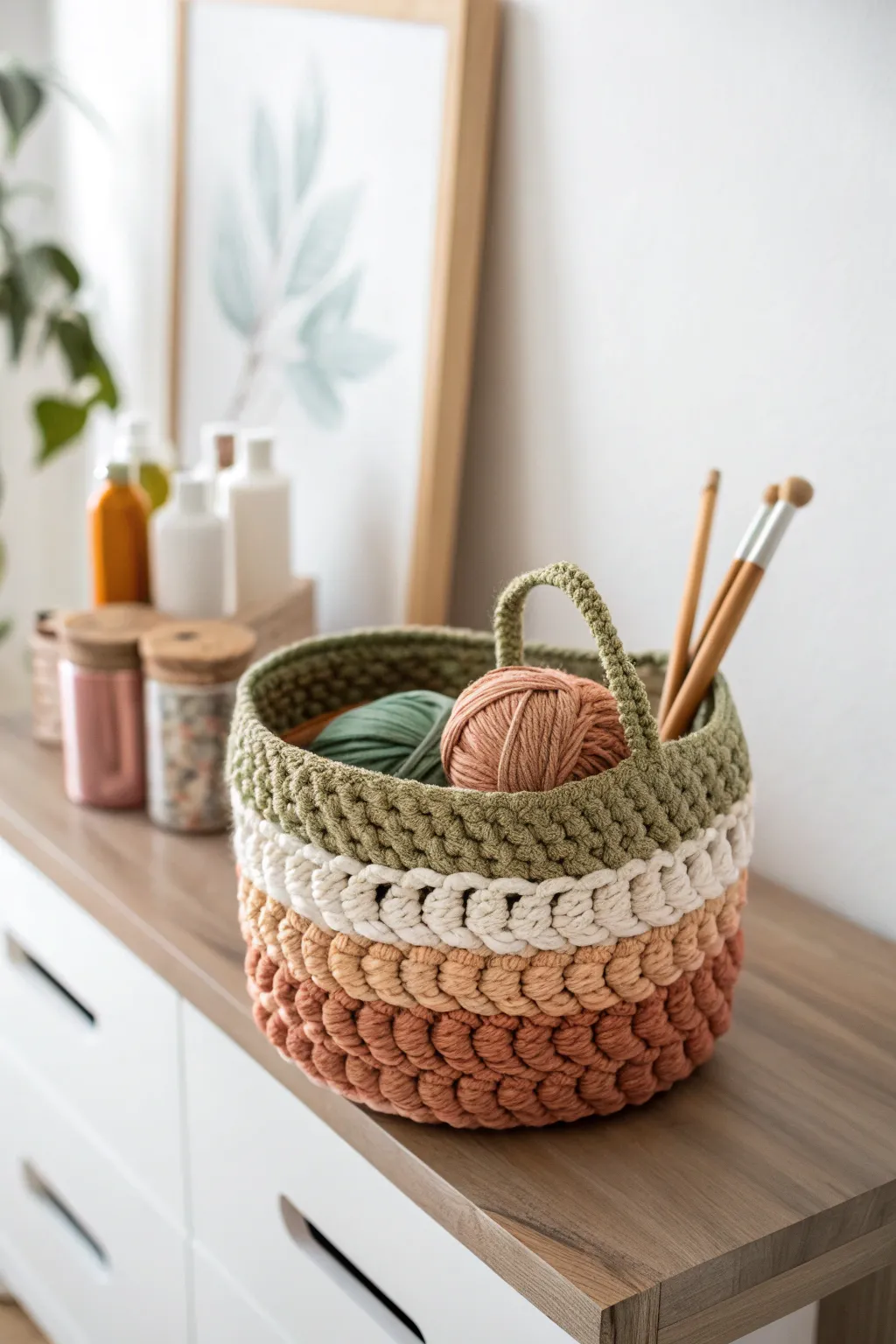 Organize your crochet hooks in style with this beautifully crafted basket—where simplicity meets elegance.