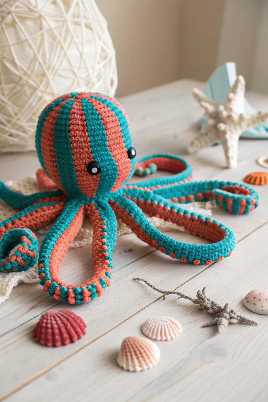 Dive into the art of crochet with this charming octopus creation, where vibrant colors meet minimalist elegance.