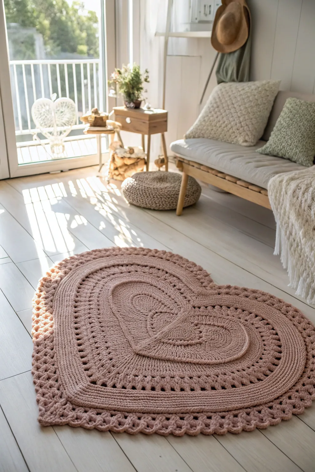 Add a touch of love to your space with this charming heart-shaped crochet rug—where minimalist meets boho elegance.