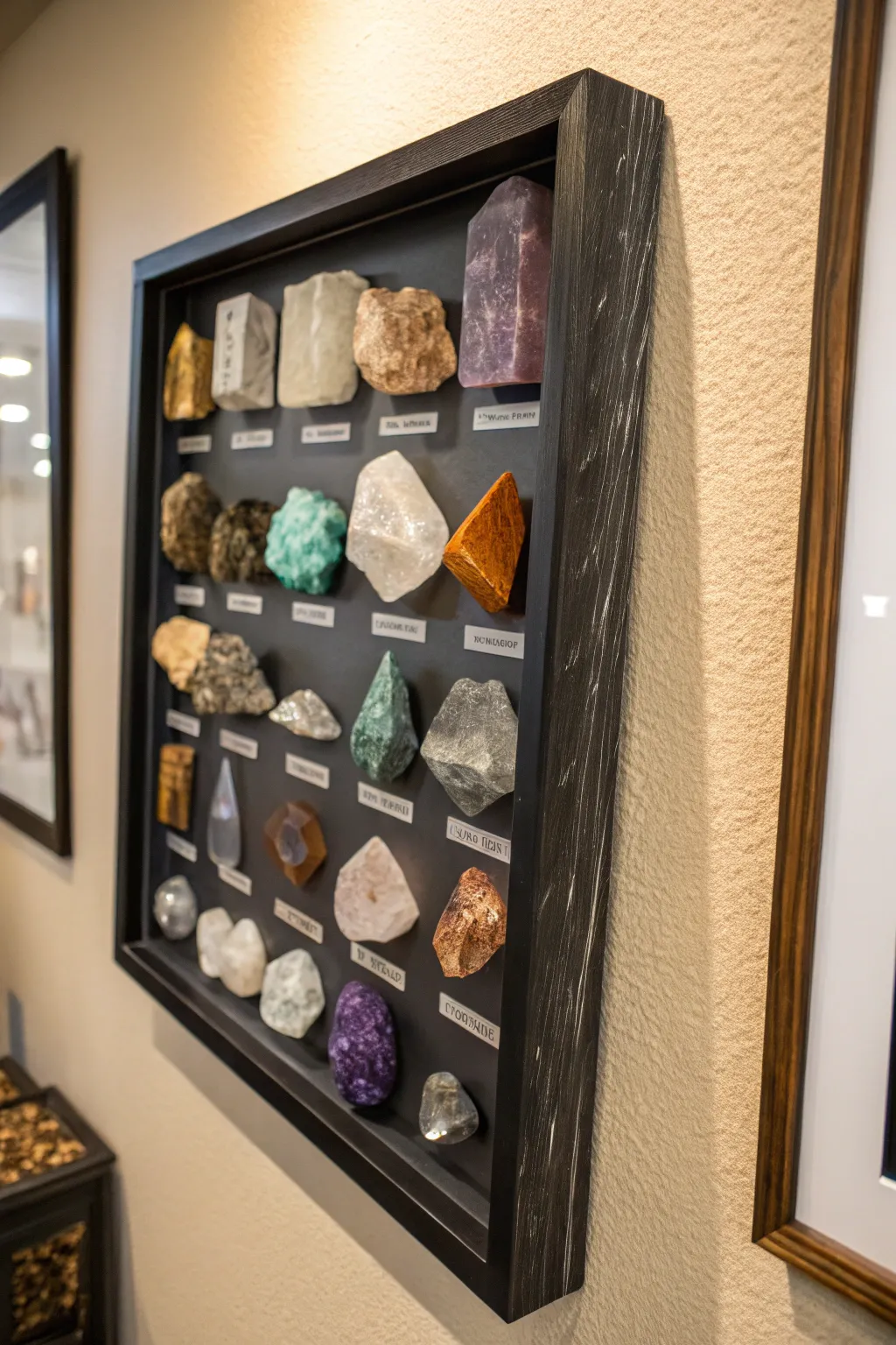 A shadow box creatively displaying a crystal collection.
