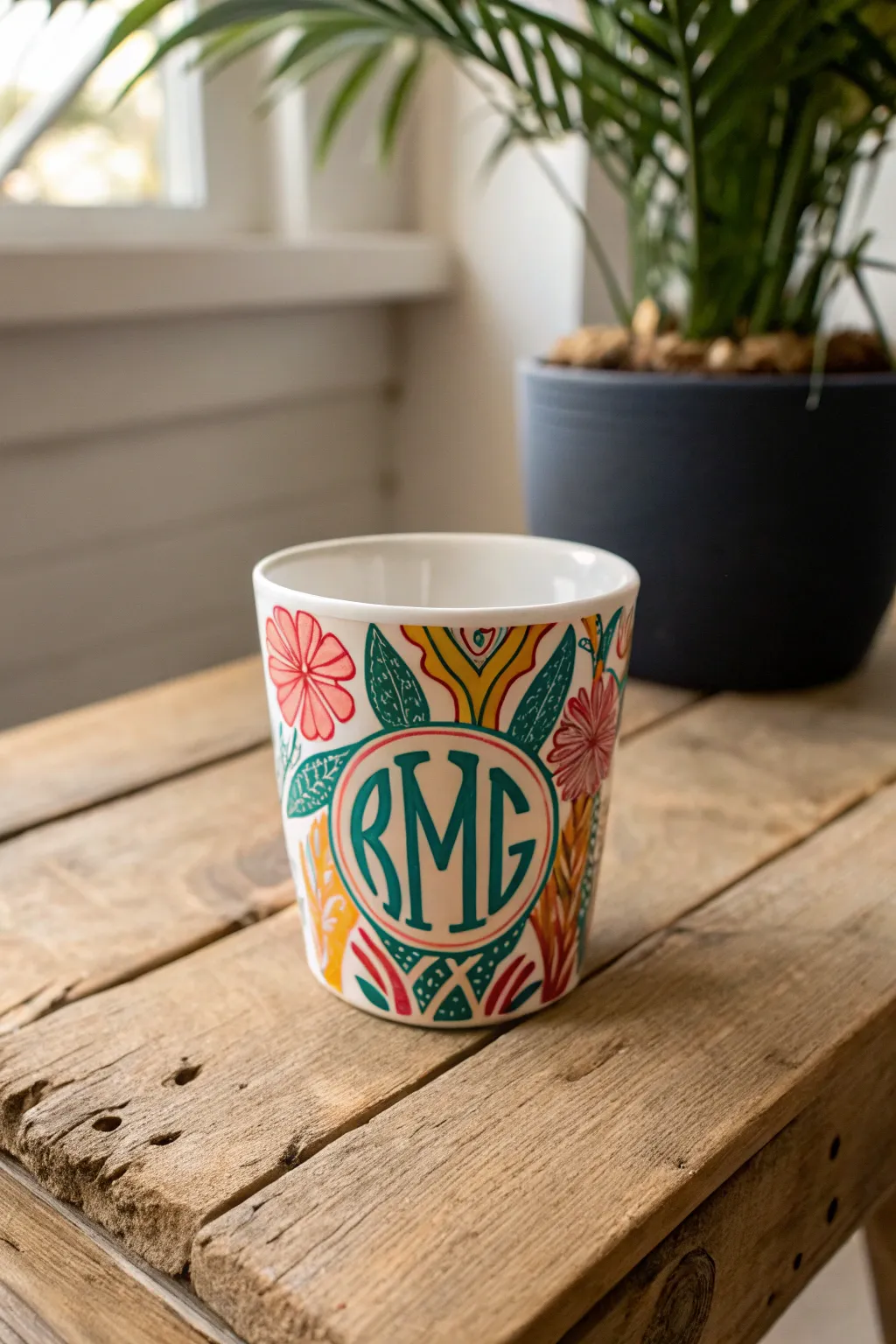 Sip with style: A vibrant monogram cup for the art lover's collection.