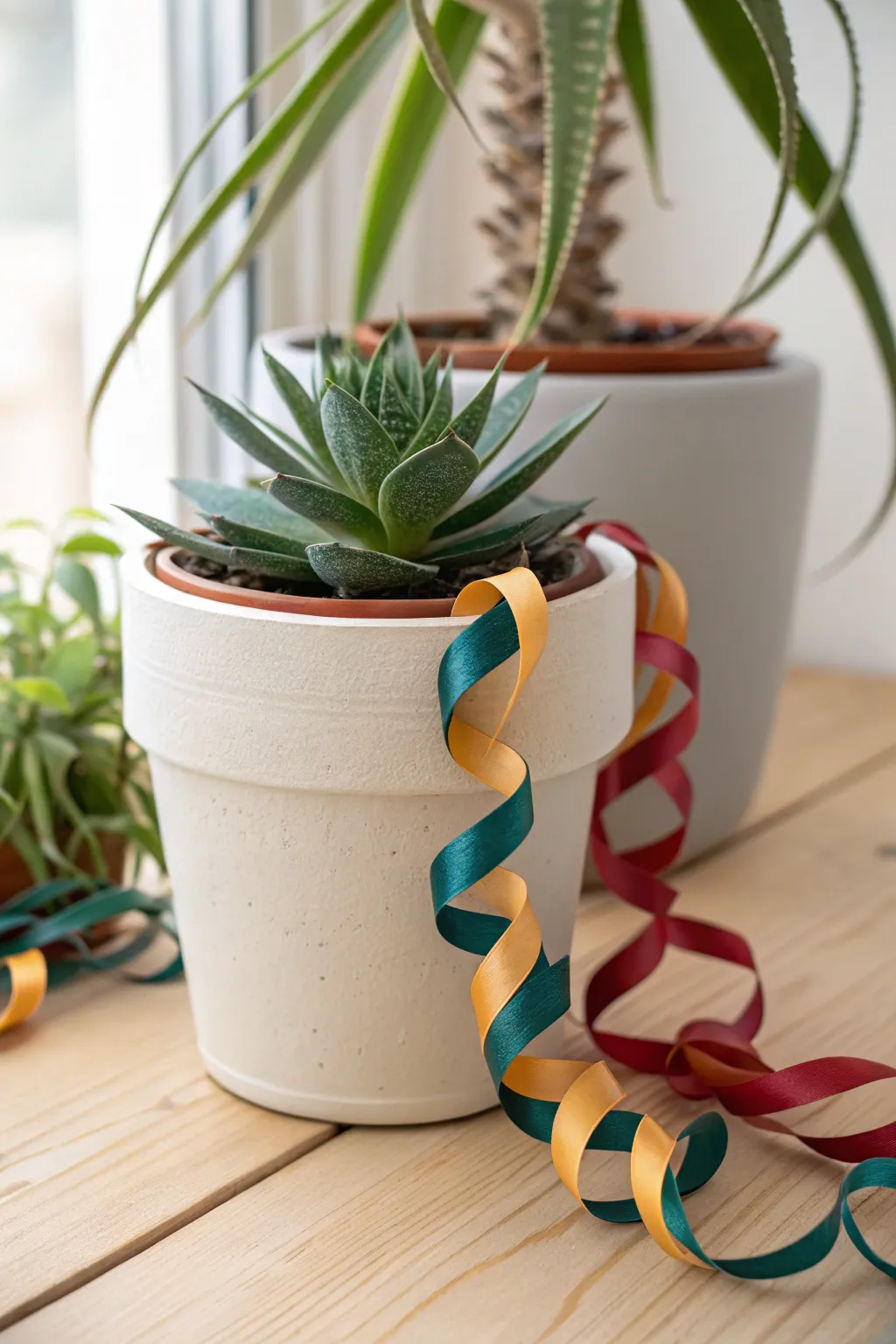 Add a playful pop of color to your plants with bold curling ribbons for a touch of bohemian charm!