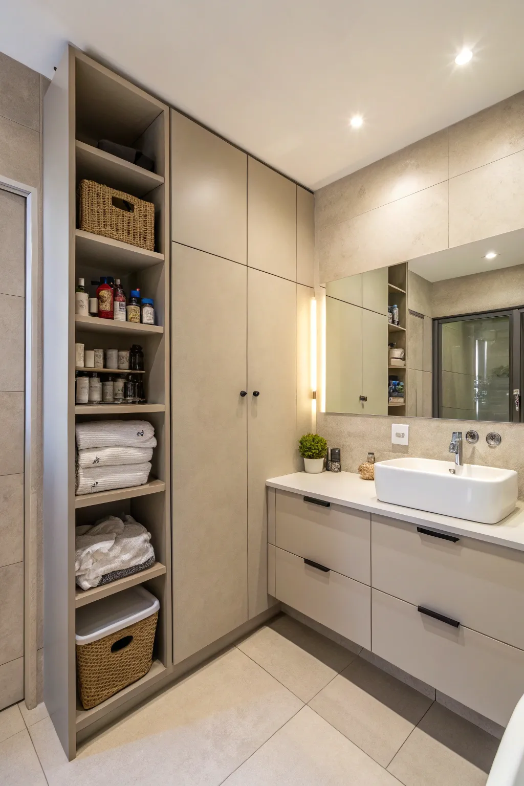 Hidden storage keeps this bathroom clutter-free and stylish.