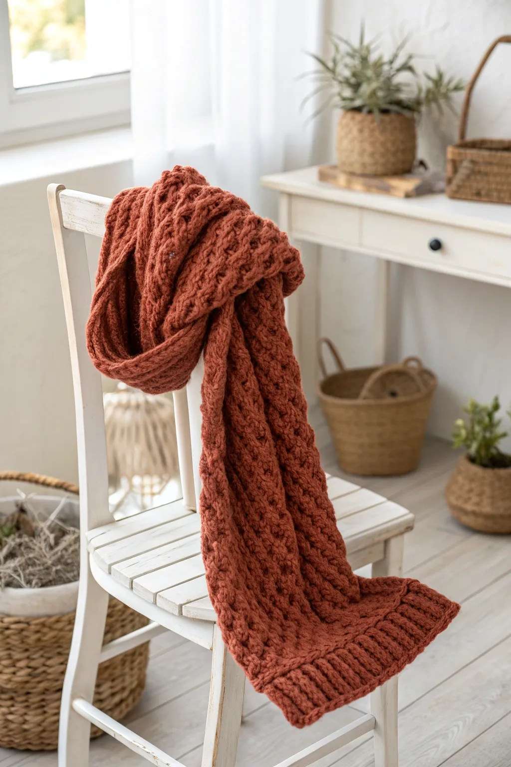 Embrace the cozy charm of handmade warmth with this striking terracotta knit scarf, a perfect touch of love for chilly days. 🧣✨ #DIYGift #ScandinavianStyle #BohoChic