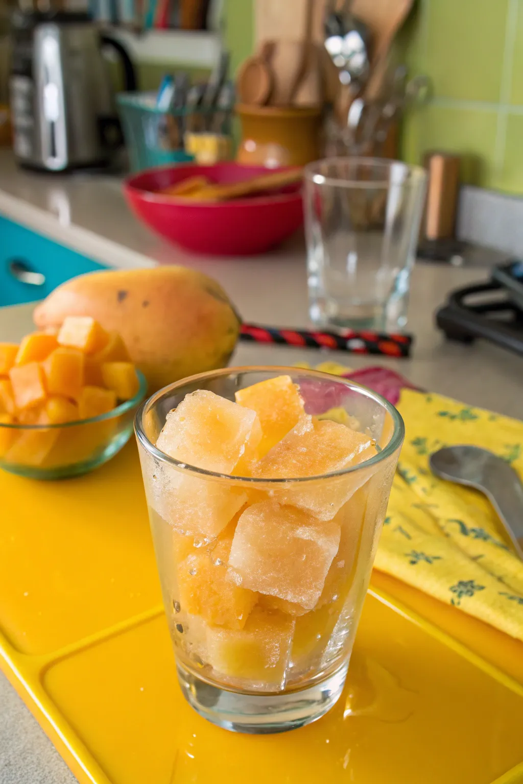 Fruit puree ice cubes for a burst of tropical flavor.