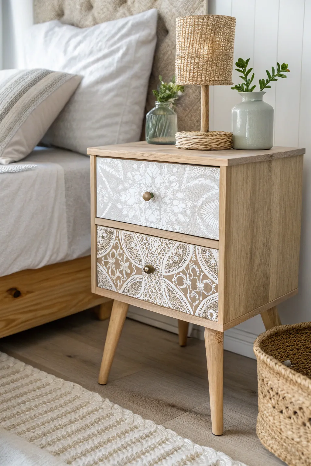 Transform your nightstand into a romantic masterpiece with delicate lace decoupage.
