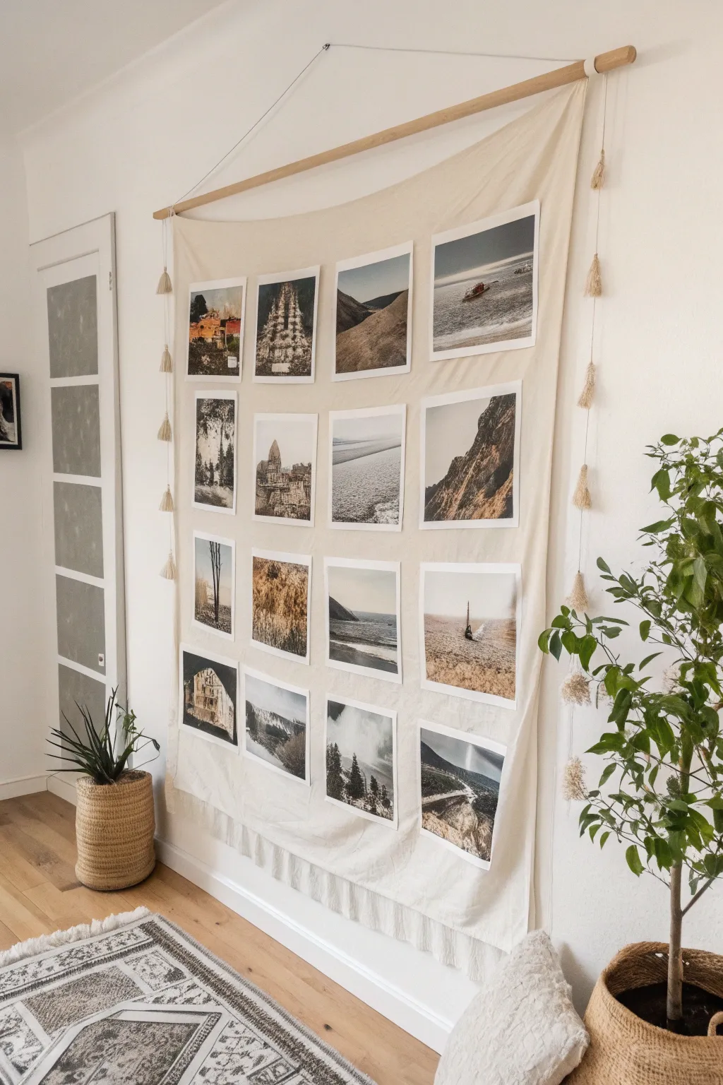 Capture your travels in a stunning decoupage wall collage that tells your unique story with minimalist elegance.