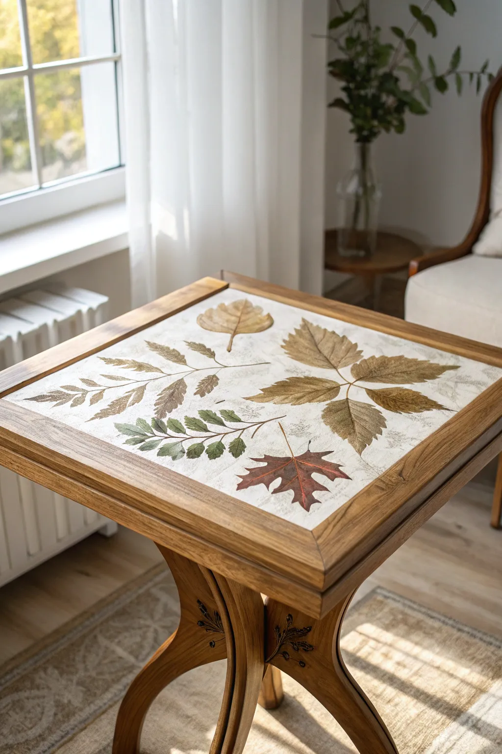Bring the outdoors in with a Nature's Touch: a decoupage table adorned with pressed leaves.