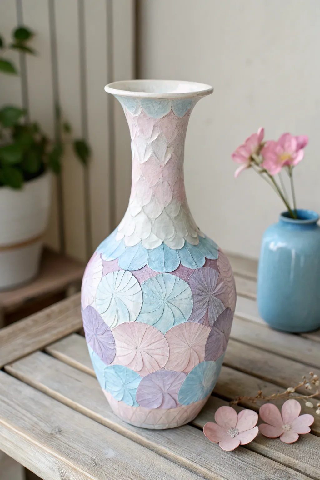 Embrace the dreamy allure of watercolors with this decoupage vase, infusing your space with a touch of serene elegance.