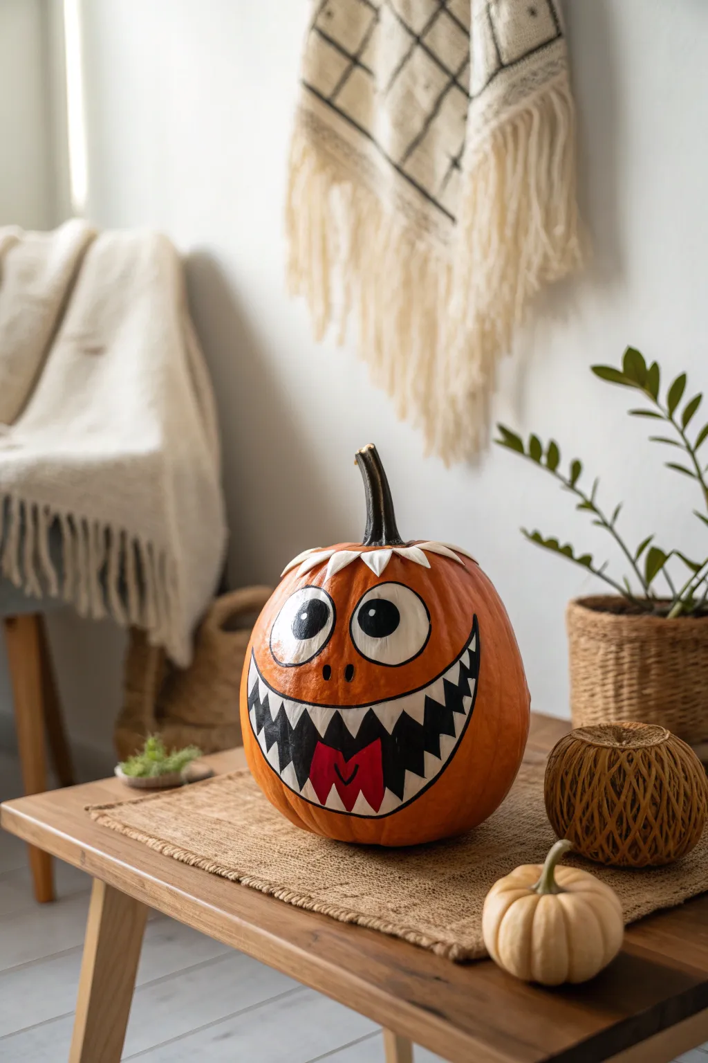 Add a playful twist to your Halloween decor with this charming toothy monster pumpkin!