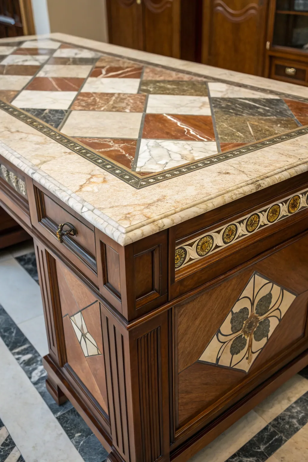 Elevate your workspace with the timeless elegance of natural stone inlays.