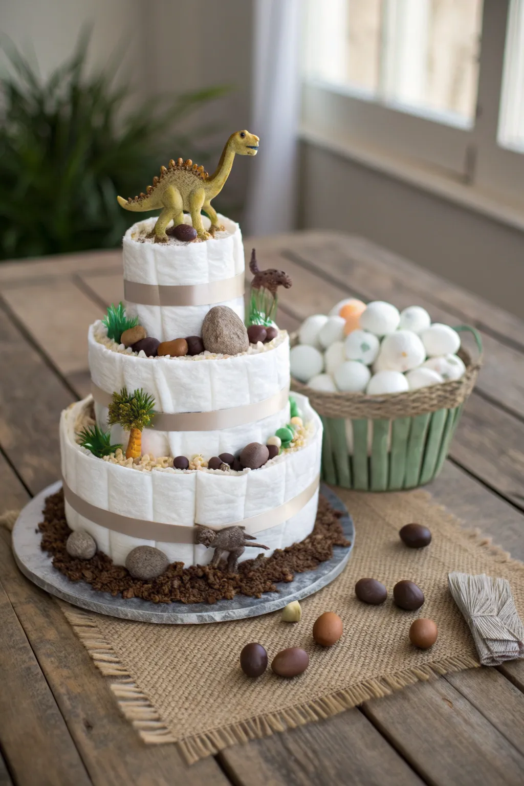 Add a whimsical touch to your baby shower with edible dino egg chocolates on a chic diaper cake!