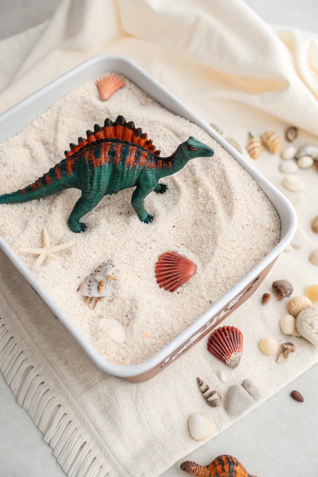 Sunbathing Dino: Where Jurassic meets the beach in minimalist style.