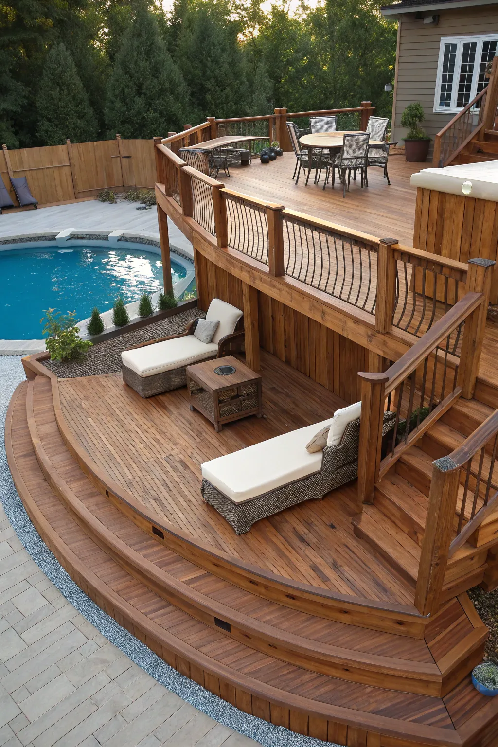 Elevate your poolside experience with a stunning multi-level lounge area—perfect for those who appreciate fine craftsmanship.