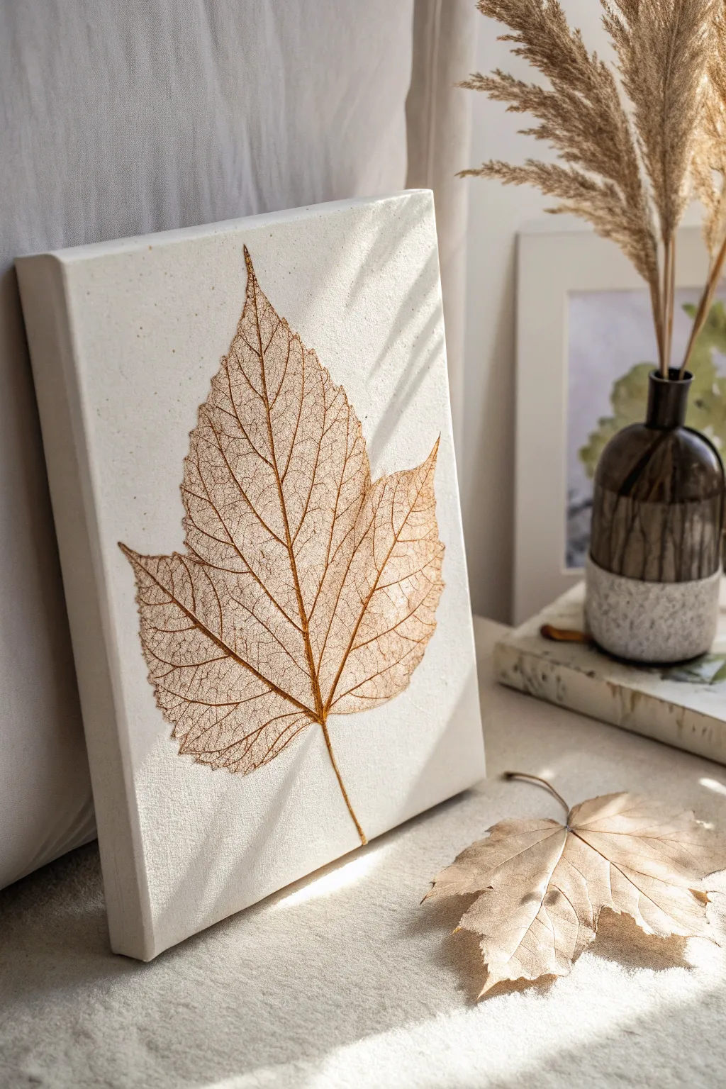 Bring the tranquility of nature indoors with this unique, handcrafted leaf imprint art.
