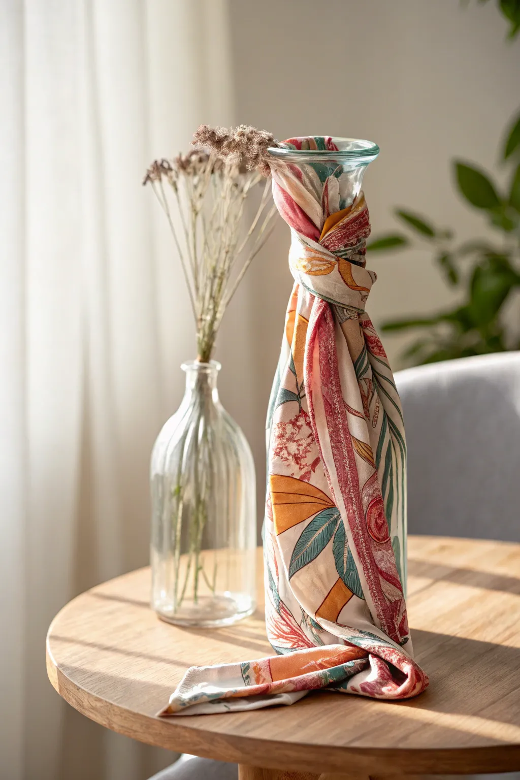 Upgrade your tabletop with a DIY fabric-wrapped vase, blending boho charm with minimalist elegance.