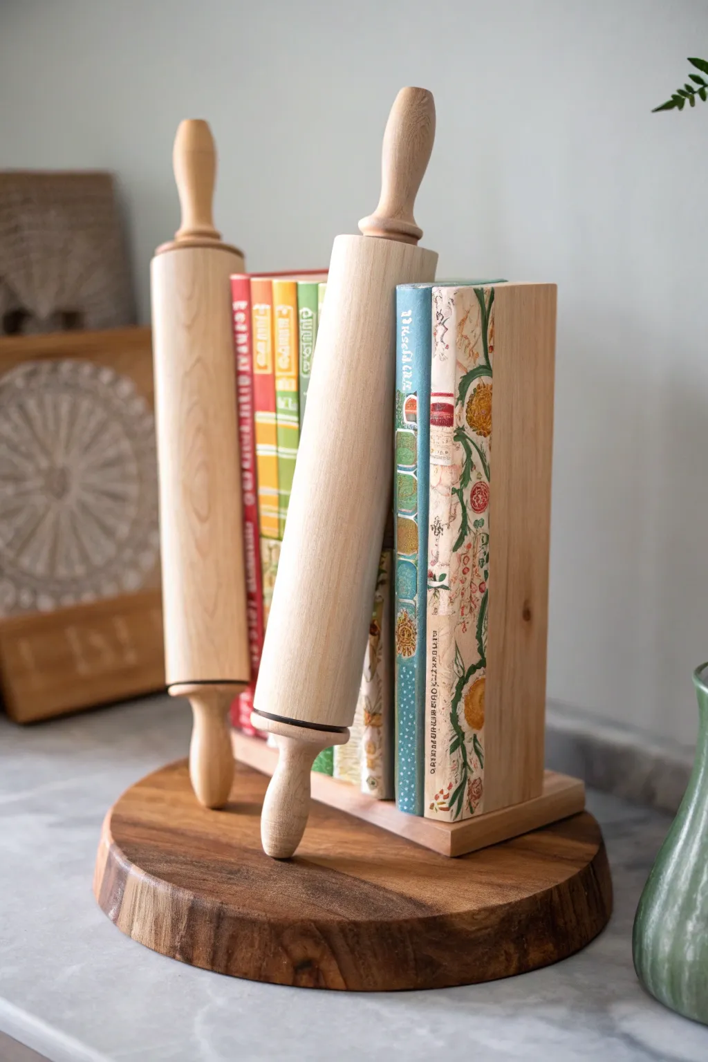 Transform old rolling pins into charming bookends and add a touch of rustic elegance to your kitchen.
