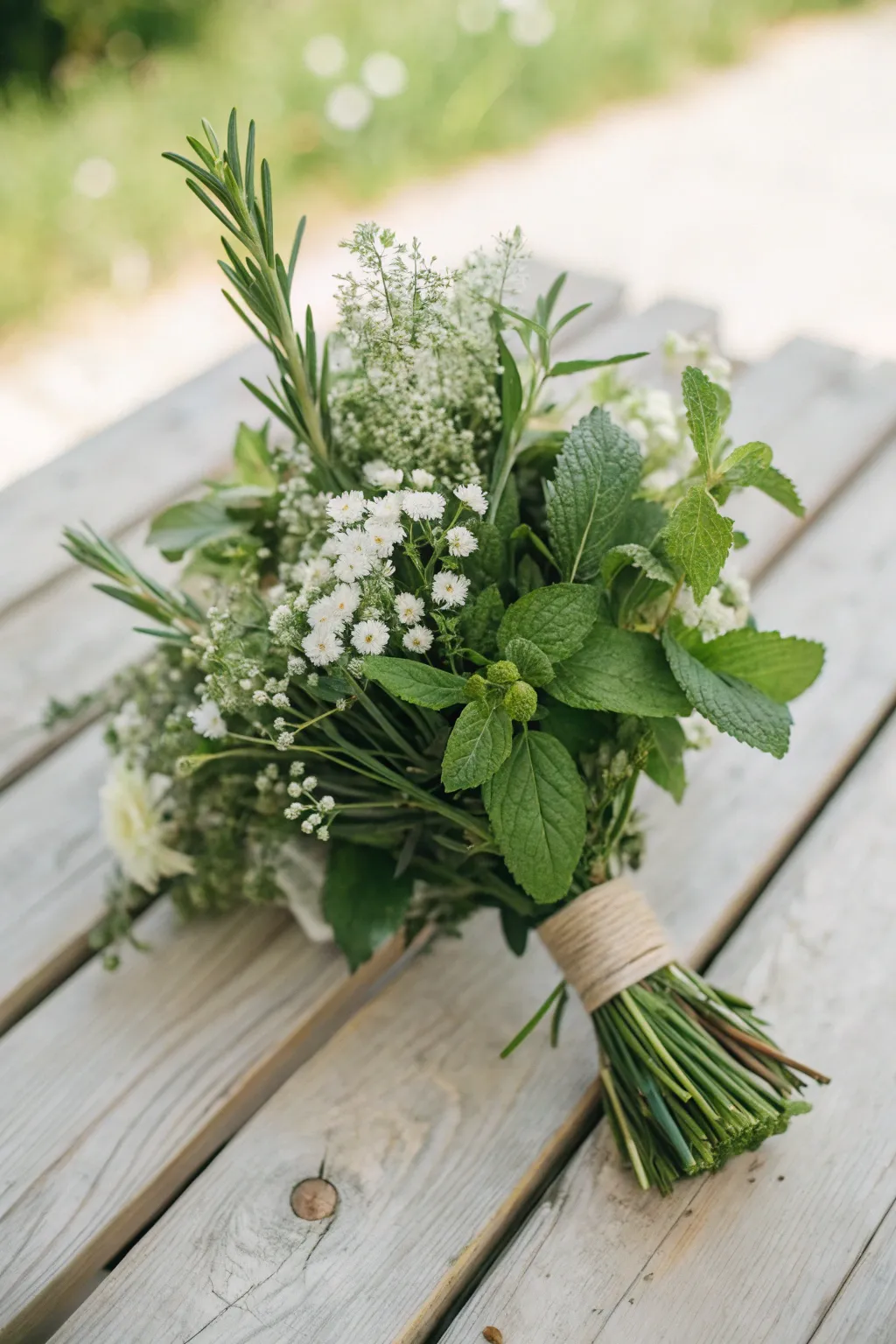 Infuse your bridal bouquet with the fresh, fragrant charm of rosemary and mint for a touch of natural elegance.