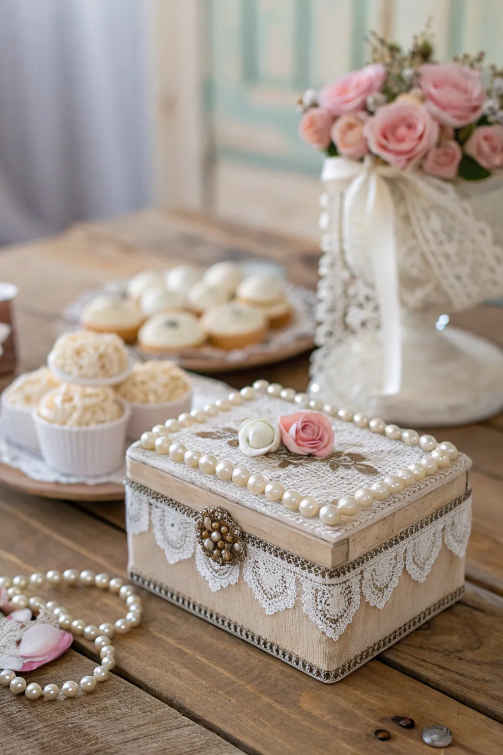 Transform your candy box into a romantic treasure with vintage lace and pearls. Perfect for cherished moments.