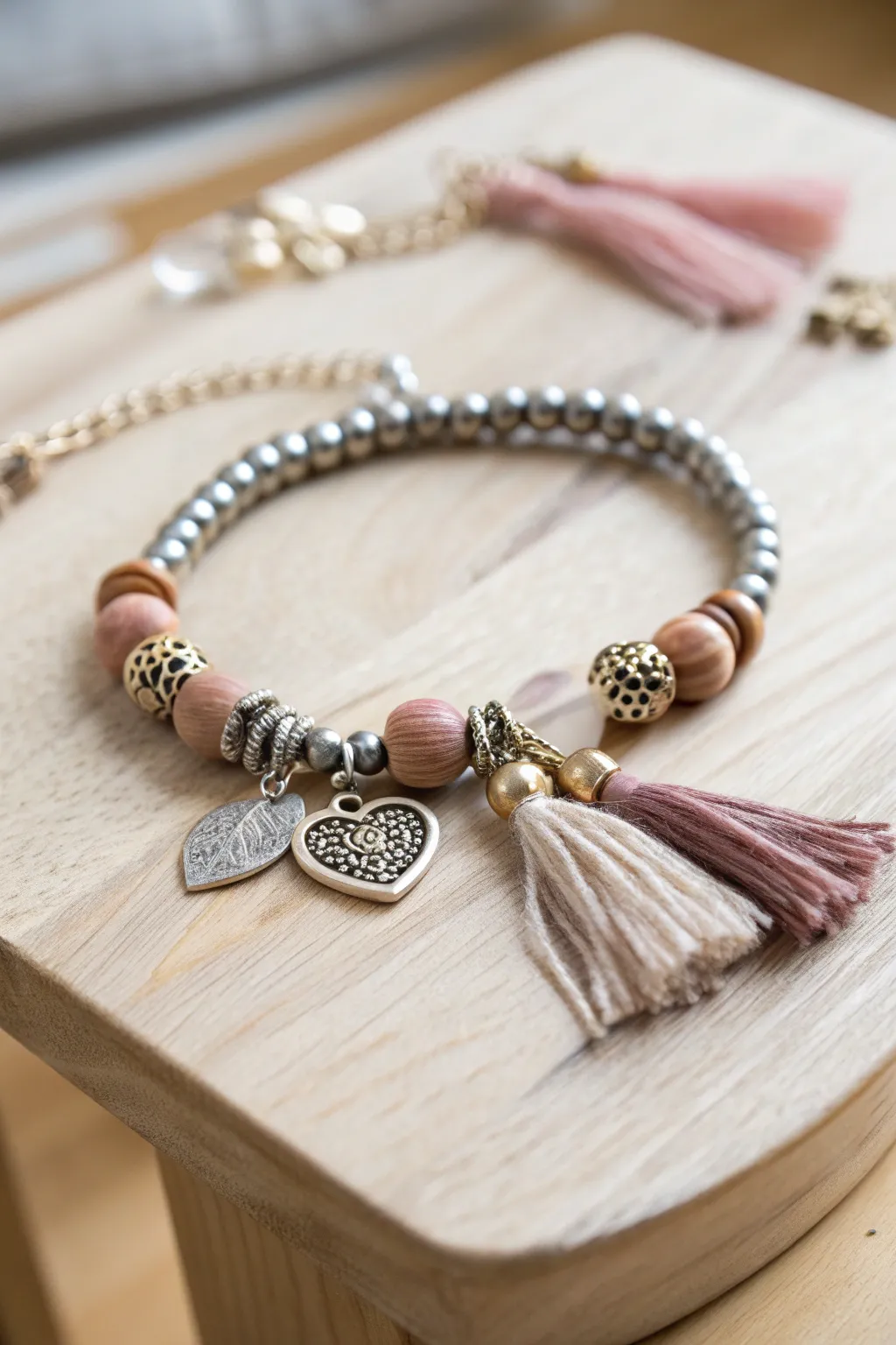 Elevate your style with a handcrafted charm bracelet blending metal, wood, and fabric for a unique, textured look.