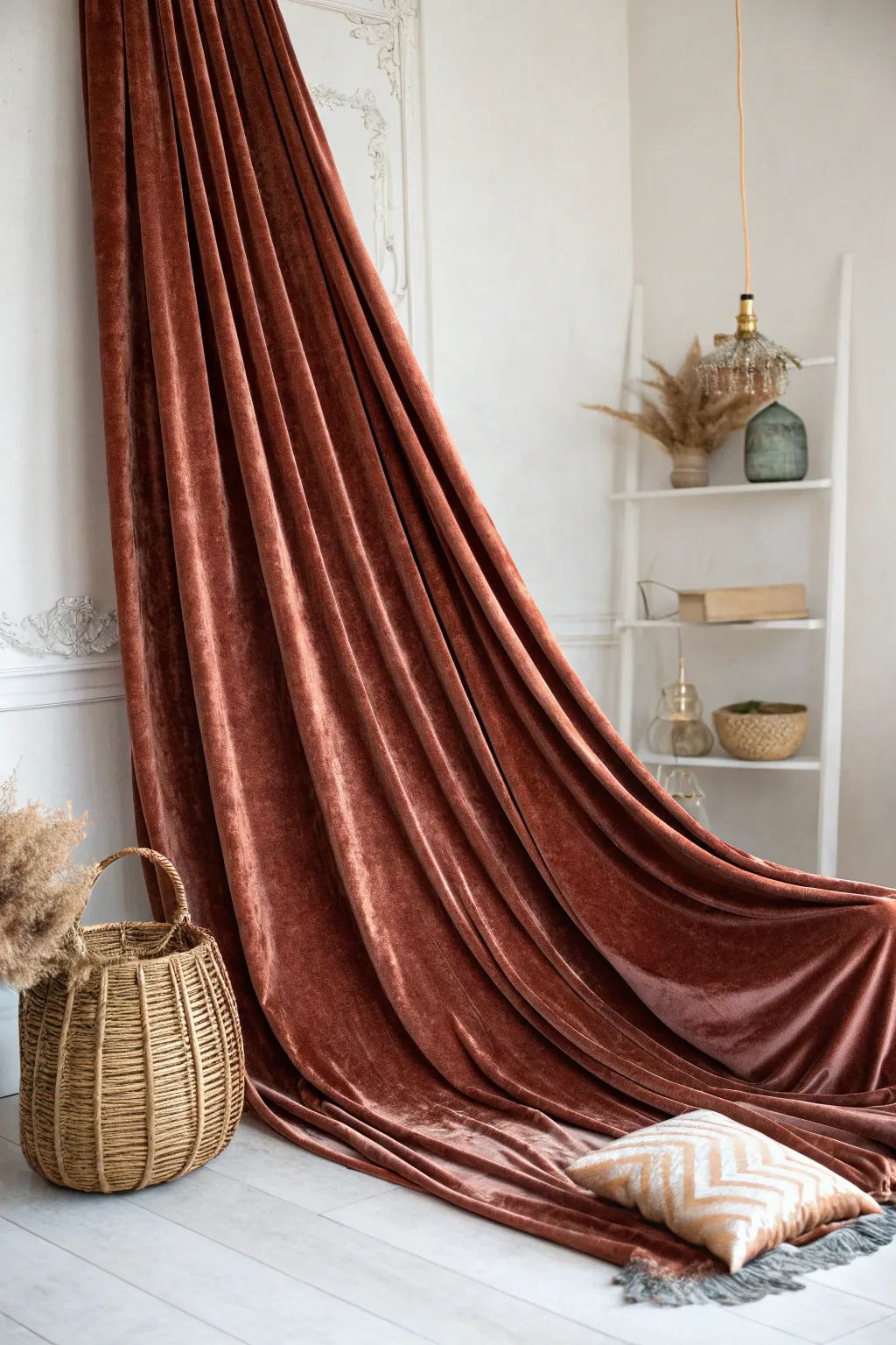 Elevate your holiday decor with the elegance of velvet ceiling drapes, blending minimalist and boho styles effortlessly.