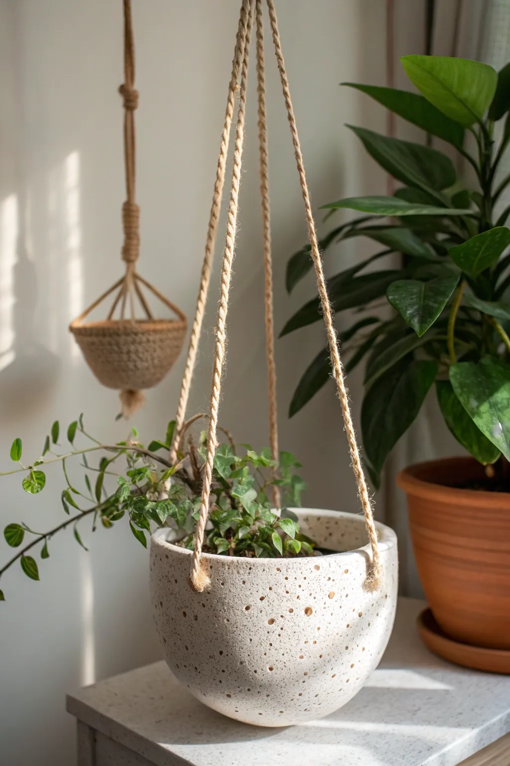 Elevate your space with the tactile beauty of a textured clay hanging planter.